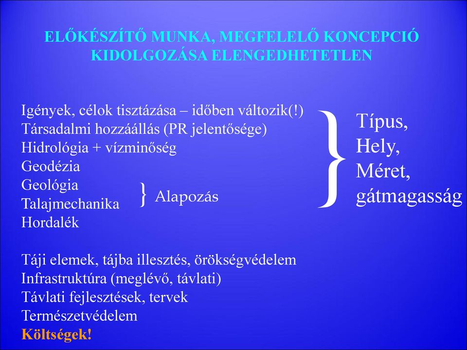 ) } Társadalmi hozzáállás (PR jelentősége) Hidrológia + vízminőség Geodézia Geológia }