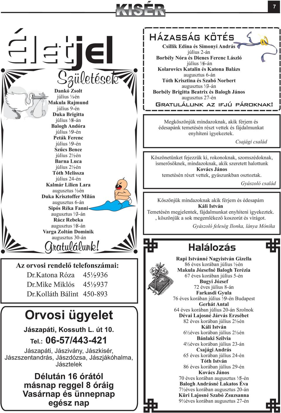 30-án Gratulálunk! Az orvosi rendelõ telefonszámai: Dr.Katona Róza 451-936 Dr.Mike Miklós 451-937 Dr.Kolláth Bálint 450-893 Orvosi ügyelet Jászapáti, Kossuth L. út 10. Tel.