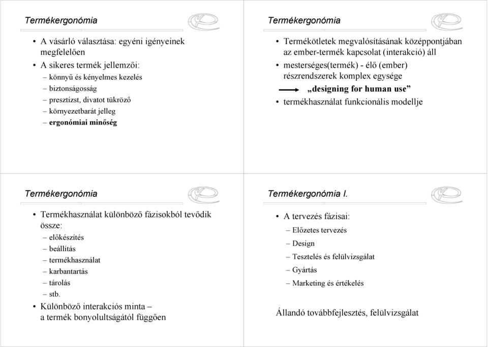 use termékhasználat funkcionális modellje Termékergonómia Termékhasználat különböző fázisokból tevődik össze: előkészítés beállítás termékhasználat karbantartás tárolás stb.