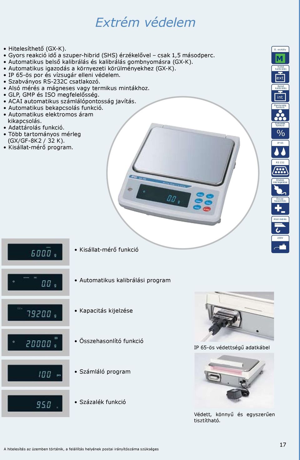 GLP, GP és ISO megfelelősség. ACAI automatikus számlálópontosság javítás. Automatikus bekapcsolás. Automatikus elektromos áram kikapcsolás. Adattárolás. Több tartományos mérleg (GX/GF8K2 / 32 K).