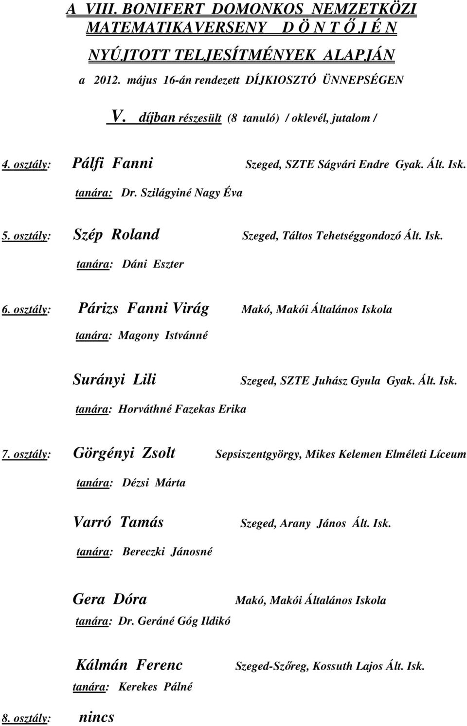 osztály: Párizs Fanni Virág Makó, Makói Általános Iskola tanára: Magony Istvánné Surányi Lili Szeged, SZTE Juhász Gyula Gyak. Ált. Isk. tanára: Horváthné Fazekas Erika 7.