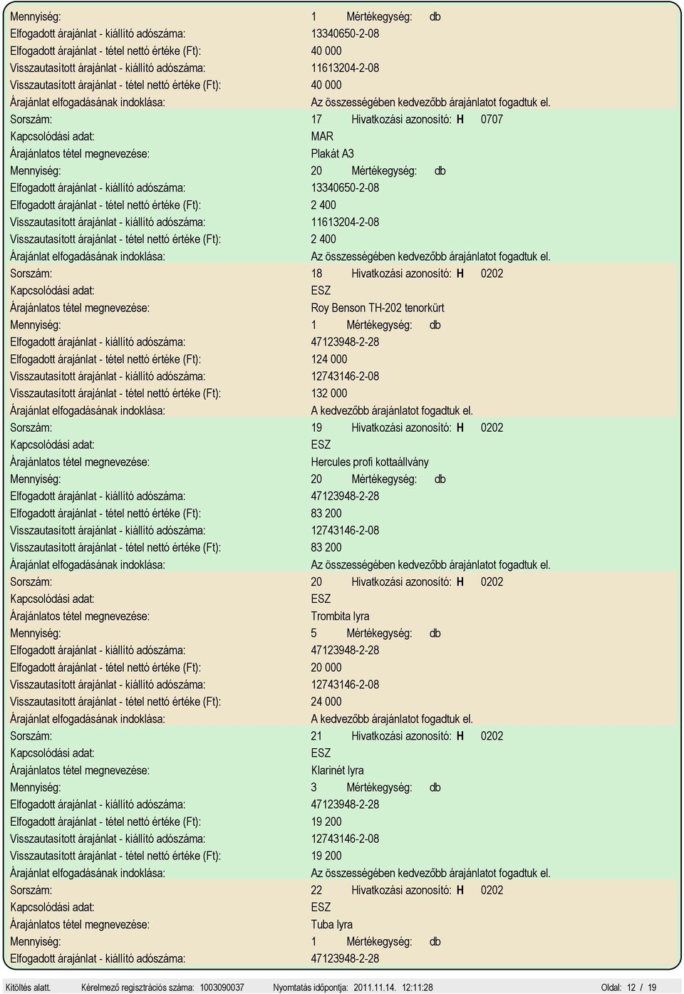 árajánlat - kiállító adószáma: 47123948-2-28 Elfogadott árajánlat - tétel nettó értéke (Ft): 124 000 Visszautasított árajánlat - kiállító adószáma: 12743146-2-08 Visszautasított árajánlat - tétel