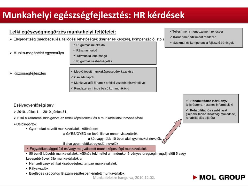 tréningek Közösségfejlesztés Megváltozott munkaképességűek kezelése Családi napok Munkavállalói fórumok a felső vezetés részvételével Rendszeres írásos belső kommunikáció Esélyegyenlőségi terv: 2010.