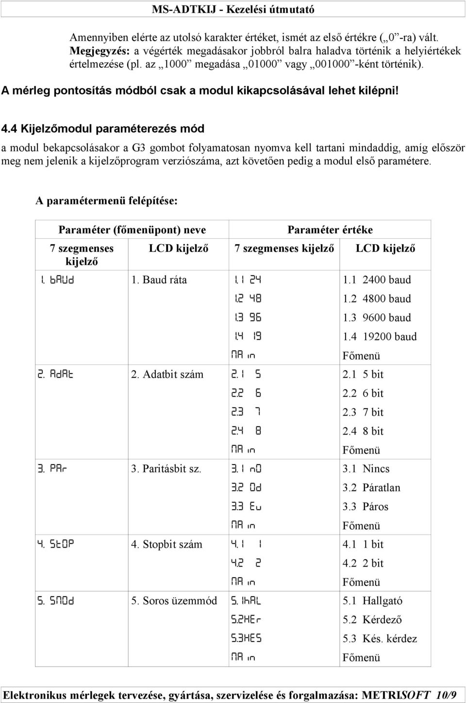 4 Kijelzőmodul paraméterezés mód a modul bekapcsolásakor a G3 gombot folyamatosan nyomva kell tartani mindaddig, amíg először meg nem jelenik a kijelzőprogram verziószáma, azt követően pedig a modul