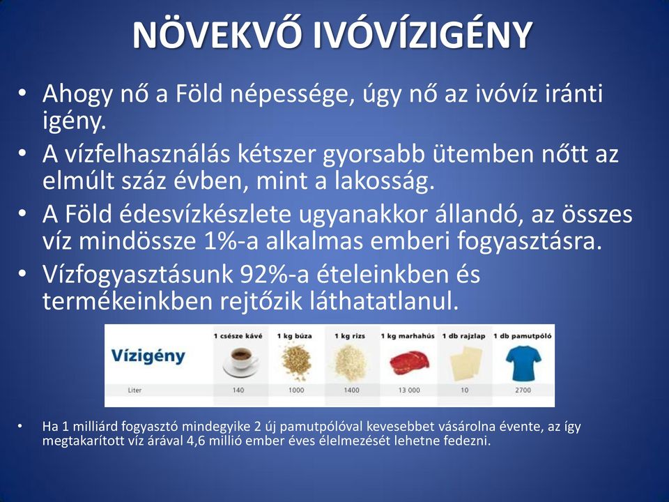 A Föld édesvízkészlete ugyanakkor állandó, az összes víz mindössze 1%-a alkalmas emberi fogyasztásra.