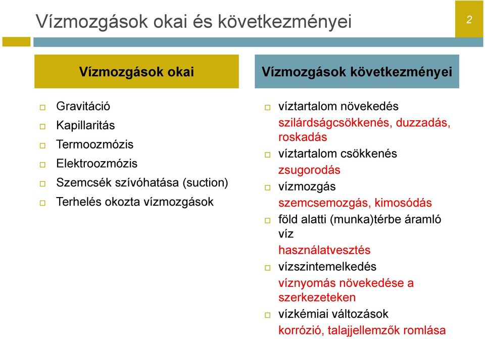 duzzadás, roskadás víztartalom csökkenés zsugorodás vízmozgás szemcsemozgás, kimosódás föld alatti (munka)térbe áramló