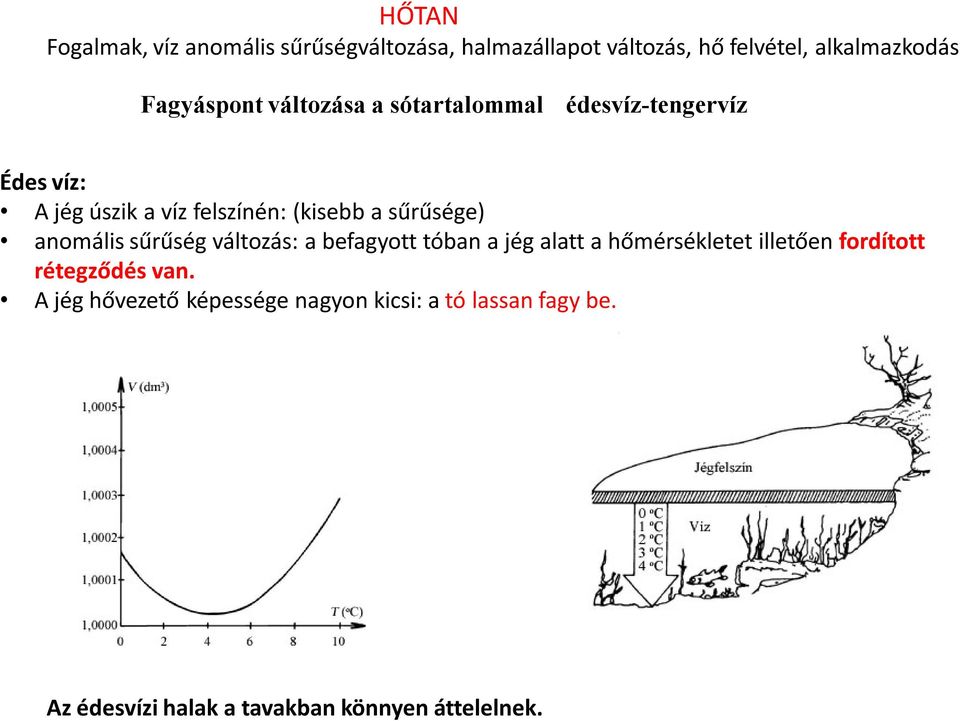 sűrűsége) anomális sűrűség változás: a befagyott tóban a jég alatt a hőmérsékletet illetően fordított