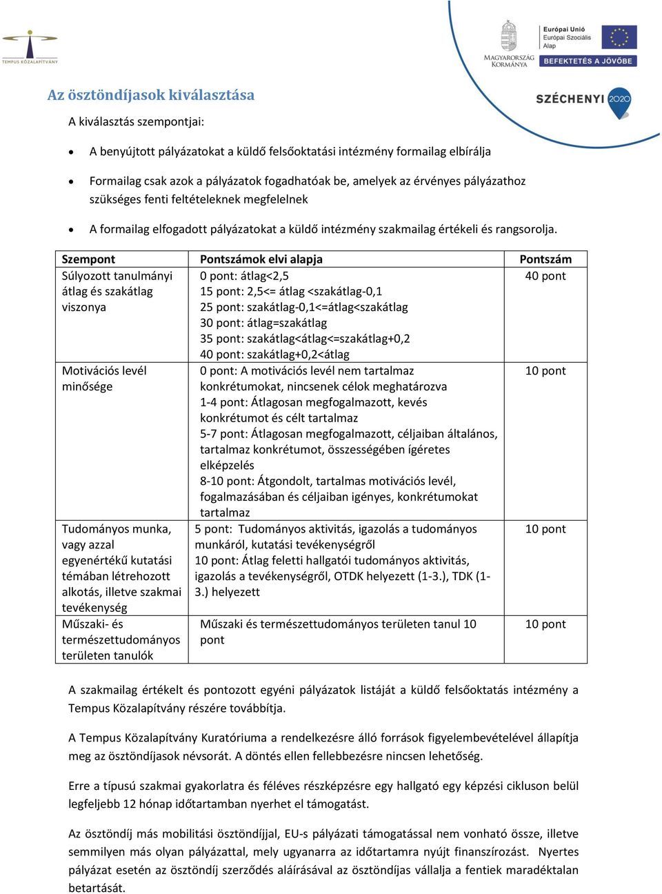 Szempont Pontszámok elvi alapja Pontszám Súlyozott tanulmányi átlag és szakátlag viszonya 0 pont: átlag<2,5 15 pont: 2,5<= átlag <szakátlag-0,1 25 pont: szakátlag-0,1<=átlag<szakátlag 30 pont: