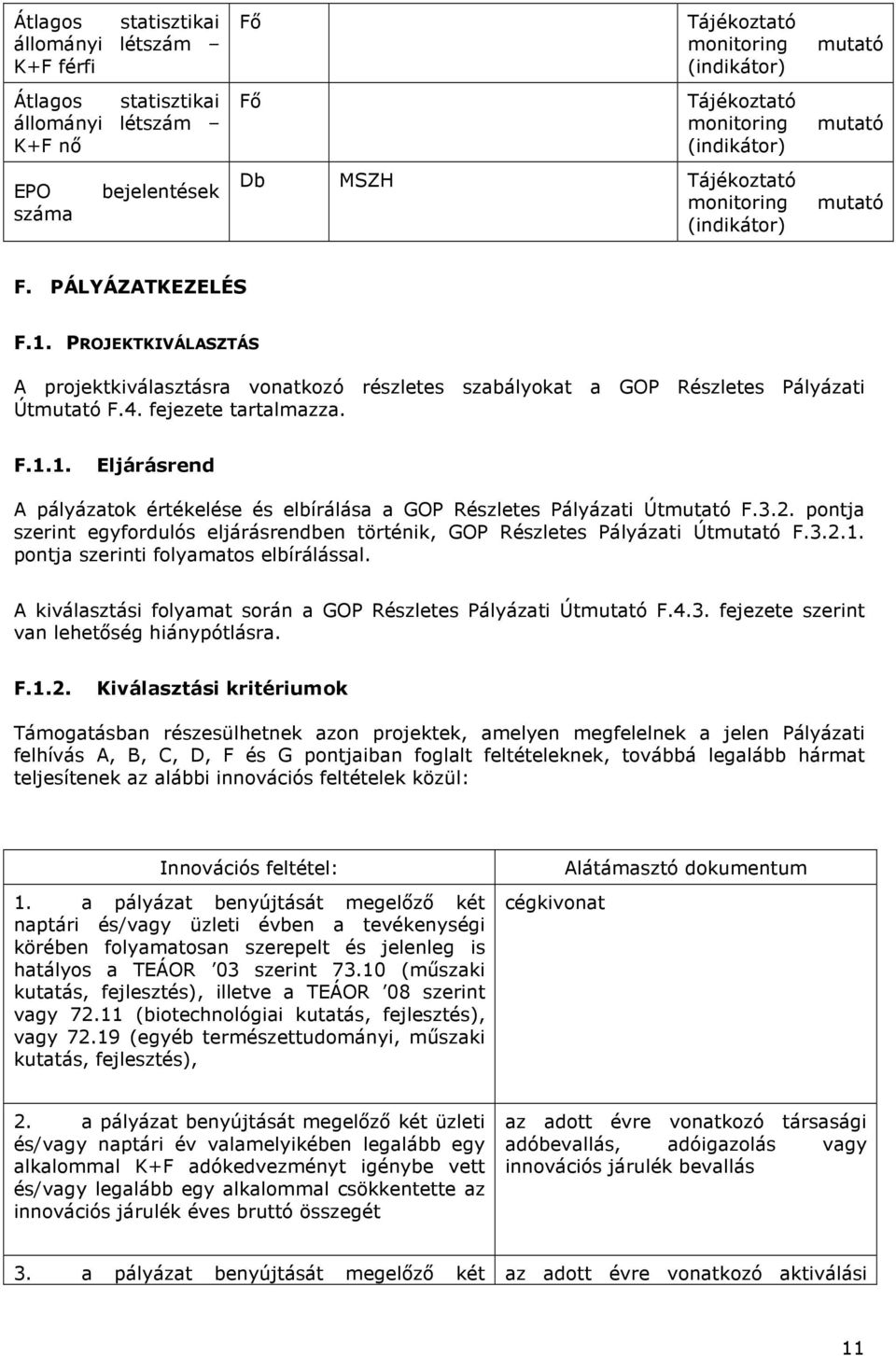 fejezete tartalmazza. F.1.1. Eljárásrend A pályázatok értékelése és elbírálása a GOP Részletes Pályázati Útmutató F.3.2.