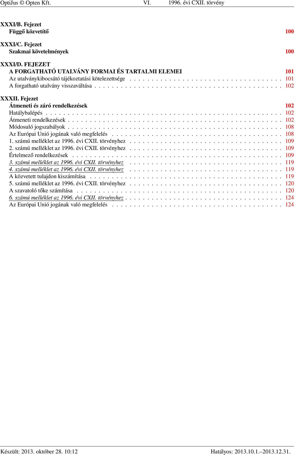 Fejezet Átmeneti és záró rendelkezések 102 Hatálybalépés...................................................... 102 Átmeneti rendelkezések................................................. 102 Módosuló jogszabályok.