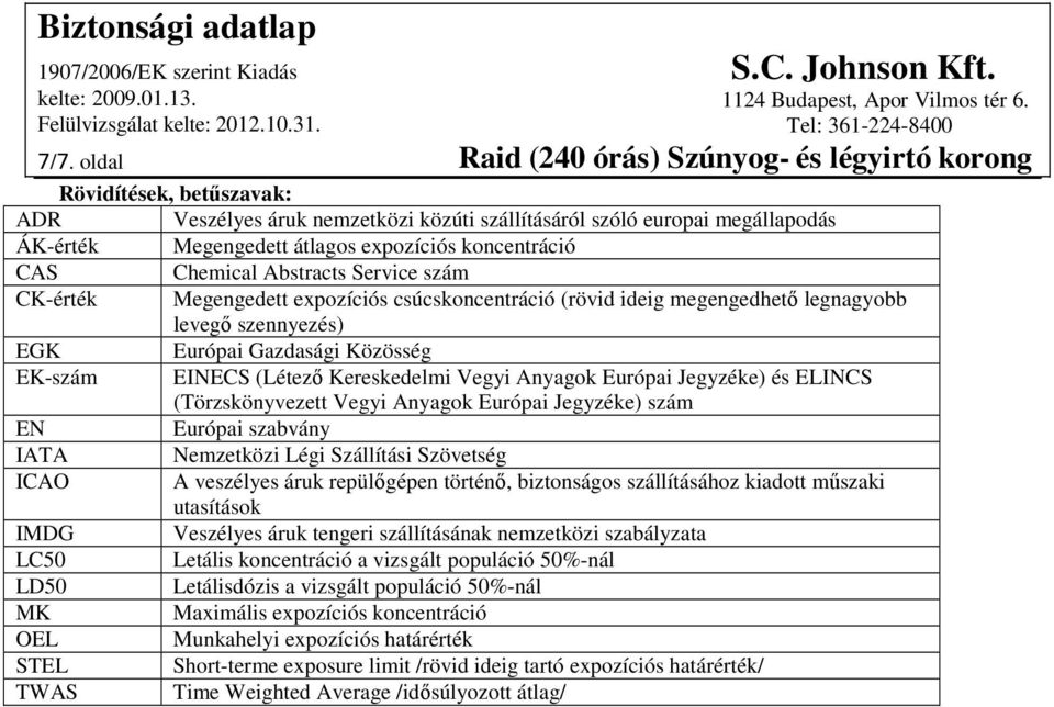 Jegyzéke) és ELINCS (Törzskönyvezett Vegyi Anyagok Európai Jegyzéke) szám EN Európai szabvány IATA Nemzetközi Légi Szállítási Szövetség ICAO A veszélyes áruk repülőgépen történő, biztonságos