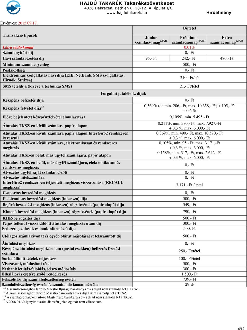 Hírnök, Strázsa) SMS tételdíja (kivéve a technikai SMS) Készpénz befizetés díja Készpénz felvétel díja 15 Előre bejelentett készpénzfelvétel elmulasztása Forgalmi jutalékok, díjak InterGiro2