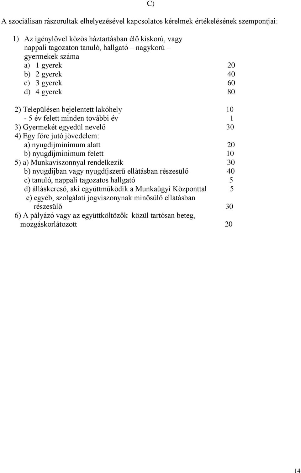 a) nyugdíjminimum alatt 20 b) nyugdíjminimum felett 10 5) a) Munkaviszonnyal rendelkezik 30 b) nyugdíjban vagy nyugdíjszerű ellátásban részesülő 40 c) tanuló, nappali tagozatos hallgató 5 d)