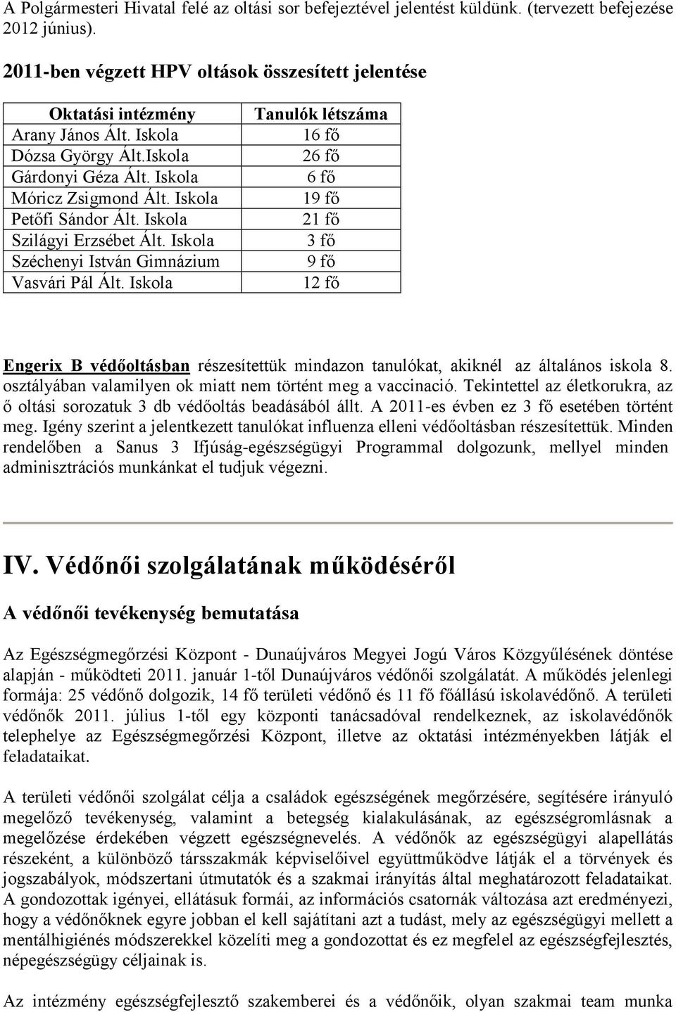 Iskola Tanulók létszáma 16 fő 26 fő 6 fő 19 fő 21 fő 3 fő 9 fő 12 fő Engerix B védőoltásban részesítettük mindazon tanulókat, akiknél az általános iskola 8.