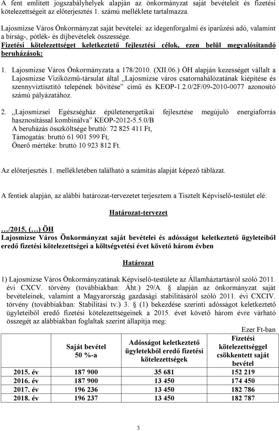 Fizetési kötelezettséget keletkeztető fejlesztési célok, ezen belül megvalósítandó beruházások: 1. Lajosmizse Város Önkormányzata a 178/2010. (XII.06.