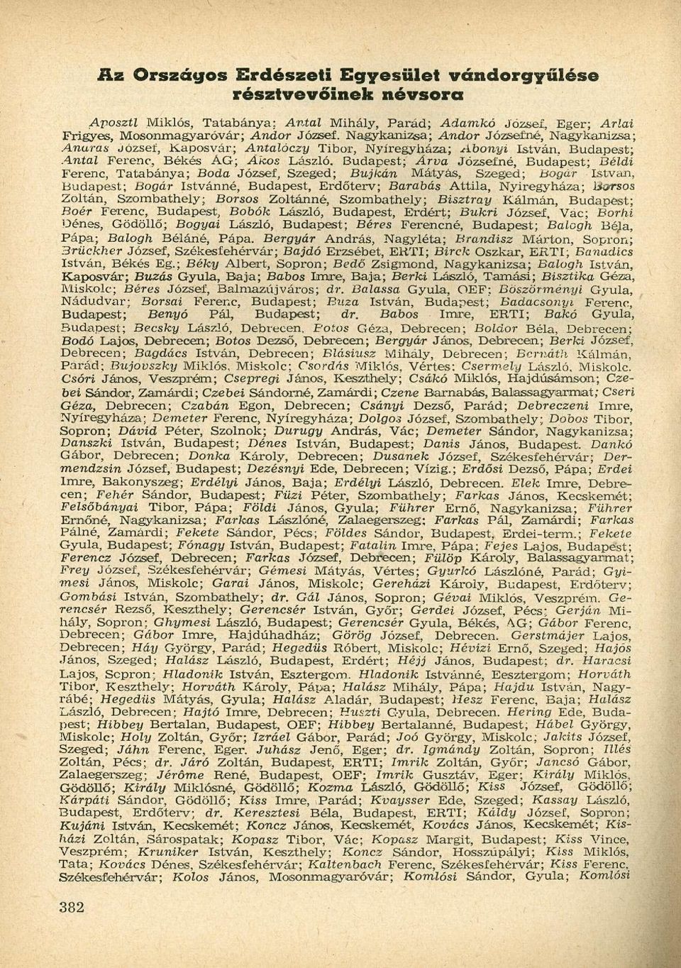 Budapest; Árva Józsefné, Budapest; Béldi Ferenc, Tatabánya; Boda József, Szeged; Bujkán Mátyás, Szeged; Bogár István, Budapest; Bogár Istvánné, Budapest, Erdőterv; Barabás Attila, Nyíregyháza; Borsos