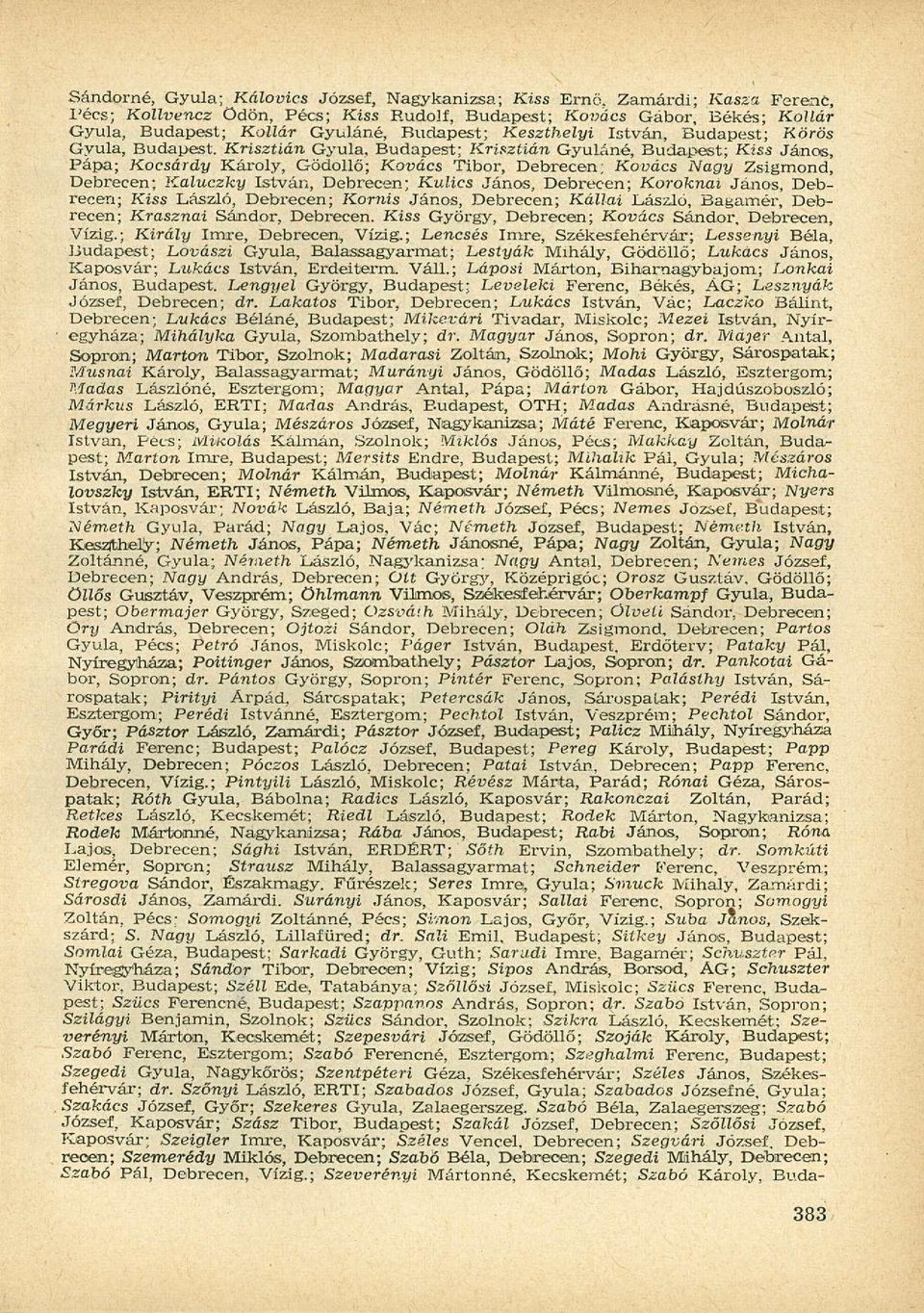 Krisztián Gyula, Budapest; Krisztián Gyuláné, Budapest; Kiss János, Pápa; Kocsárdy Károly, Gödöllő; Kovács Tibor, Debrecen; Kovács Nagy Zsigmond, Debrecen; Kaluczky István, Debrecen; Kulics János,