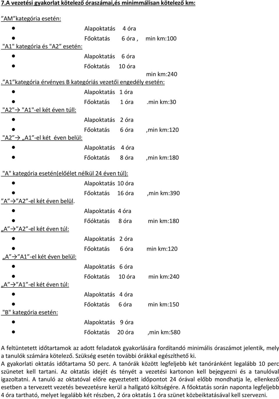 min km:30 "A2" "A1" el két éven túll: Alapoktatás 2 óra Főoktatás 6 óra,min km:120 "A2 A1 el két éven belül: Alapoktatás 4 óra Főoktatás 8 óra,min km:180 "A" kategória esetén(előélet nélkül 24 éven