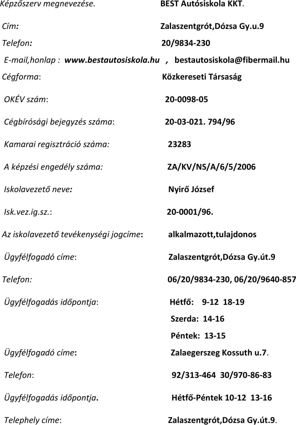 794/96 Kamarai regisztráció száma: 23283 A képzési engedély száma: Iskolavezető neve: ZA/KV/NS/A/6/5/2006 Nyirő József Isk.vez.ig.sz.: 20 0001/96.