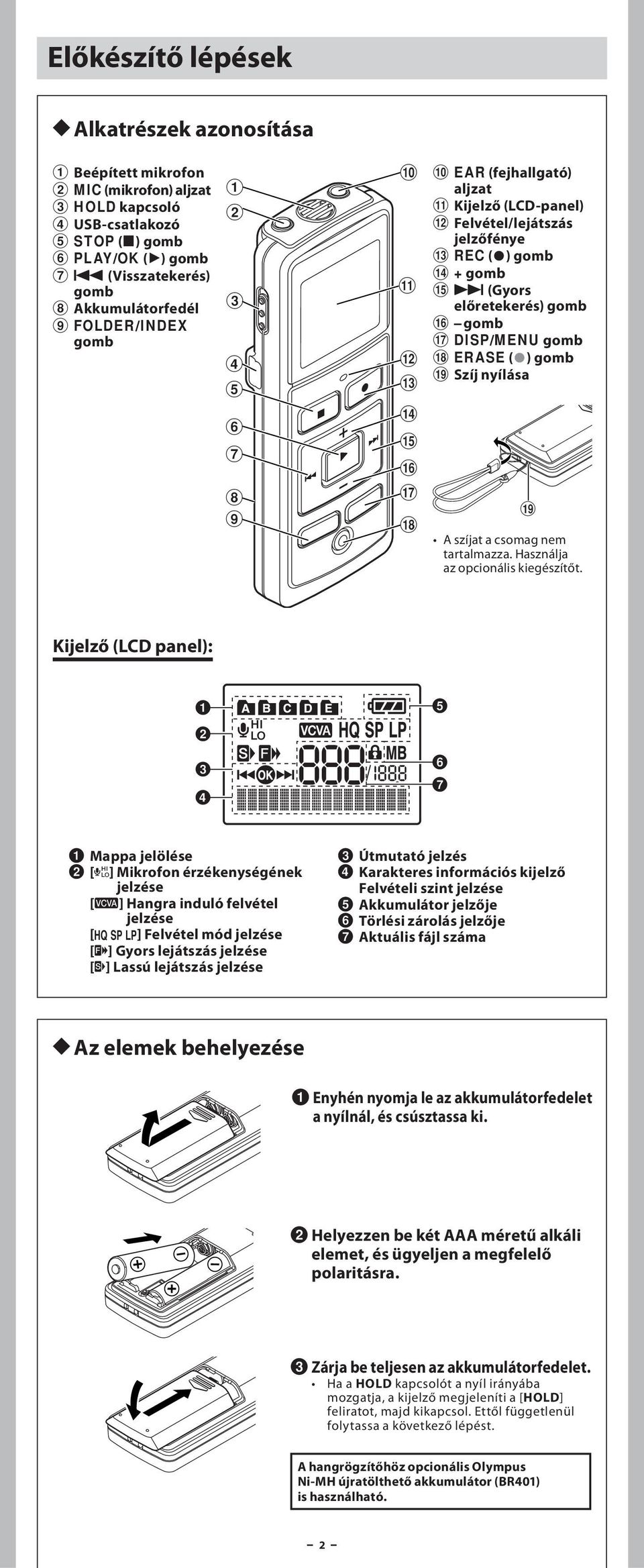 Kijelző (LCD-panel) @ Felvétel/lejátszás jelzőfénye # REC (s) gomb $ + gomb % 9 (Gyors előretekerés) gomb ^ gomb & DISP/MENU gomb * ERASE (s) gomb ( Szíj nyílása ( A szíjat a csomag nem tartalmazza.