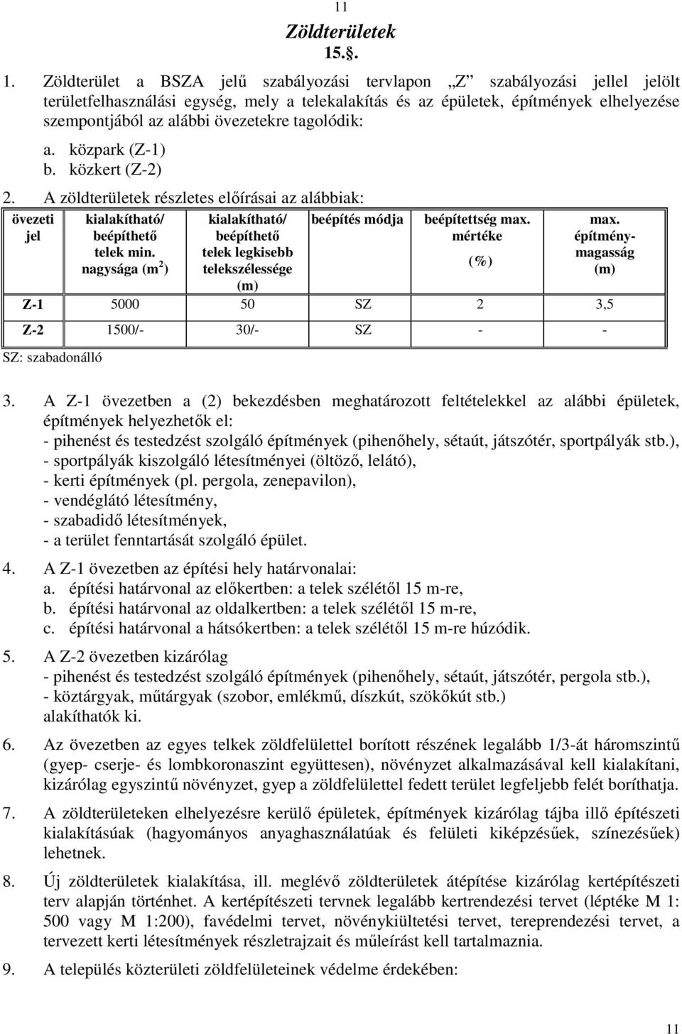 övezetekre tagolódik: a. közpark (Z-1) b. közkert (Z-2) 2. A zöldterületek részletes előírásai az alábbiak: övezeti beépítés módja jel kialakítható/ beépíthető telek min.