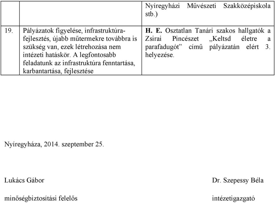 hatáskör. A legfontosabb feladatunk az infrastruktúra fenntartása, karbantartása, fejlesztése H. E.