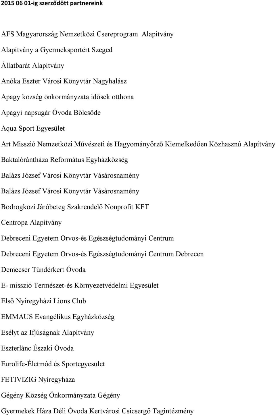 Egyházközség Balázs József Városi Könyvtár Vásárosnamény Balázs József Városi Könyvtár Vásárosnamény Bodrogközi Járóbeteg Szakrendelő Nonprofit KFT Centropa Alapítvány Debreceni Egyetem Orvos-és