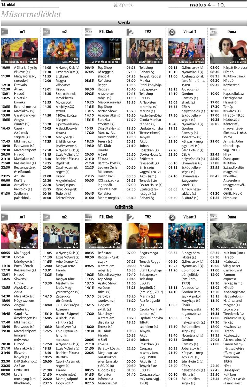 12:10 Útravaló 12:30 Átjáró 13:25 Hrvatska krónika 13:55 Ecranul nostru 14:30 Marslakók 15:00 Gasztroangyal 15:55 Angyali érintés 16:45 Capri - Az álmok szigete 17:45 MM magazin 18:40 Everwood 19:30