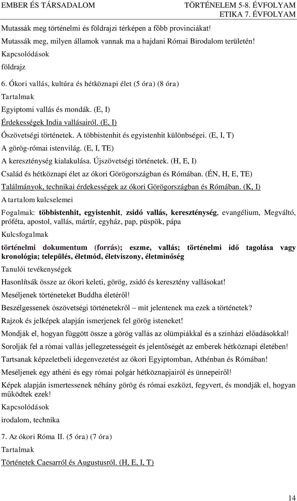 (E, I, T) A görög-római istenvilág. (E, I, TE) A kereszténység kialakulása. Újszövetségi történetek. (H, E, I) Család és hétköznapi élet az ókori Görögországban és Rómában.