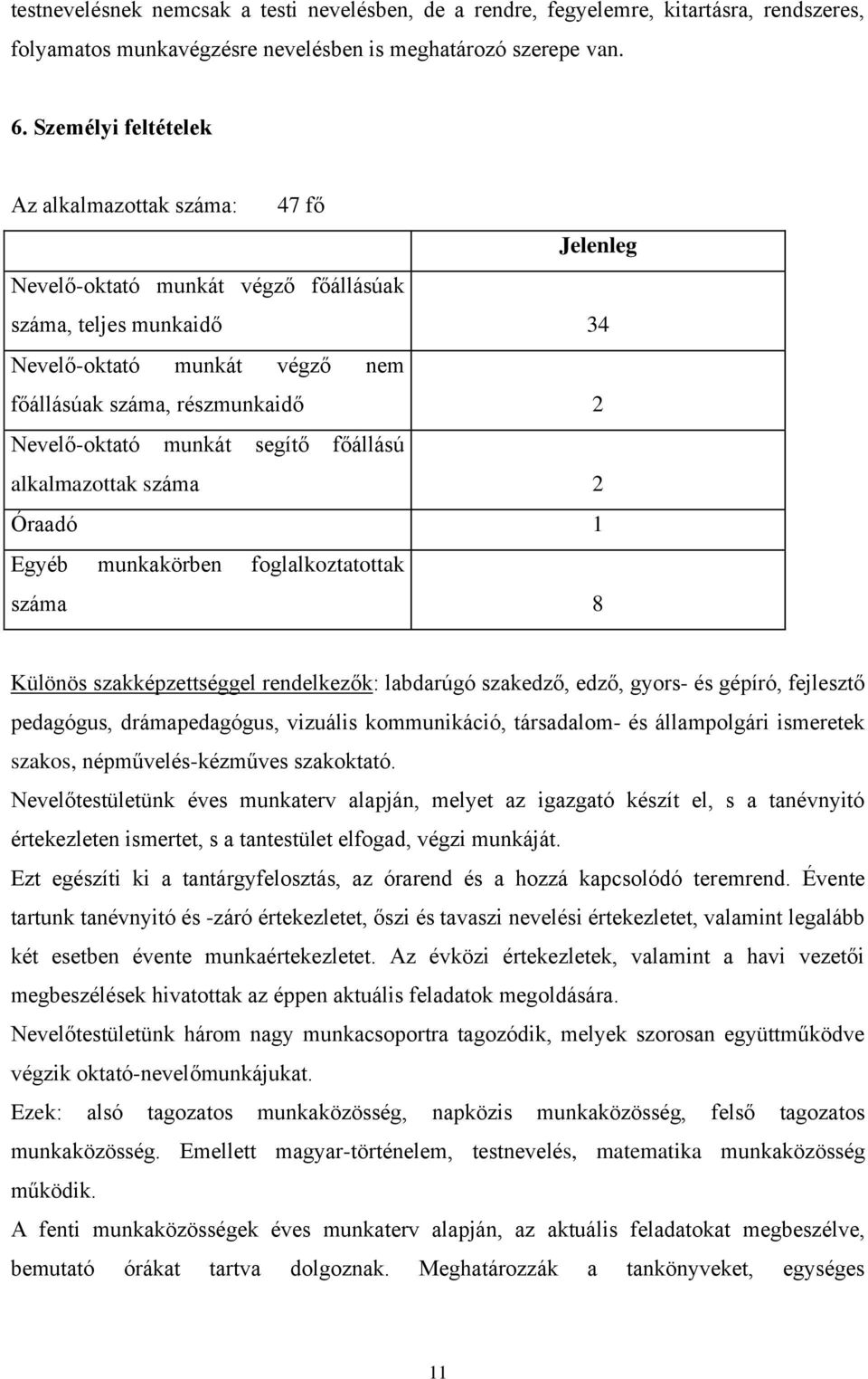 Nevelő-oktató munkát segítő főállású alkalmazottak száma 2 Óraadó 1 Egyéb munkakörben foglalkoztatottak száma 8 Különös szakképzettséggel rendelkezők: labdarúgó szakedző, edző, gyors- és gépíró,