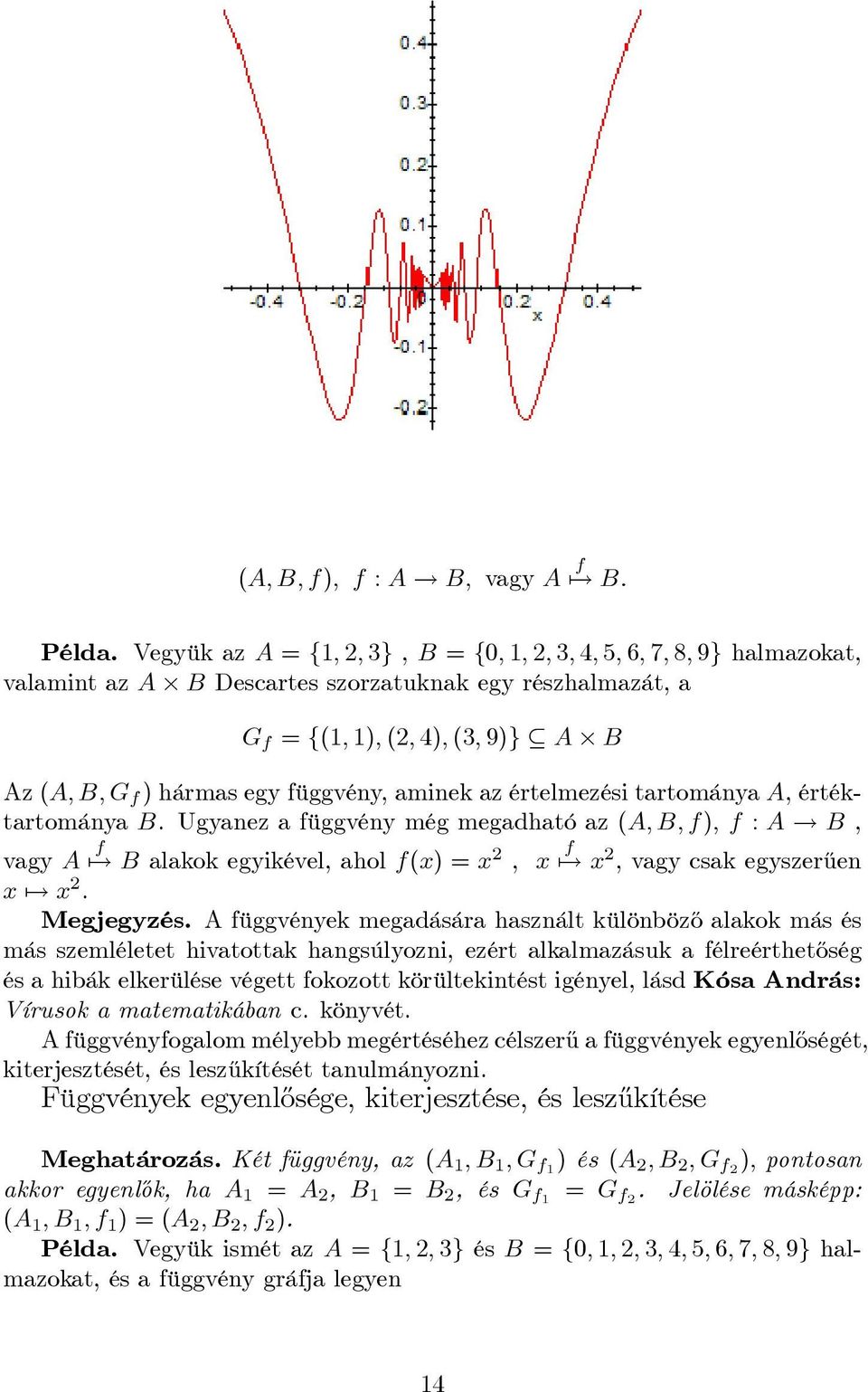 aminek az értelmezési tartománya A, értéktartománya B. Ugyanez a függvény még megadható az (A; B; f); f : A! B, vagy A 7! f B alakok egyikével, ahol f(x) = x, x 7! f x, vagy csak egyszer½uen x 7! x. Megjegyzés.