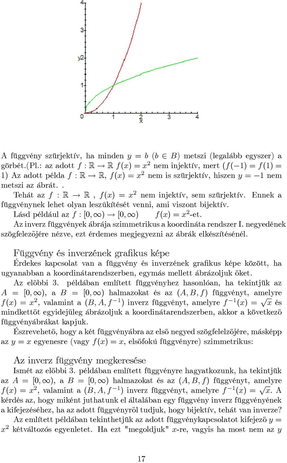 Lásd például az f : [0; 1)! [0; 1) f(x) = x -et. Az inverz függvények ábrája szimmetrikus a koordináta rendszer I. negyedének szögfelezõjére nézve, ezt érdemes megjegyezni az ábrák elkészítésénél.