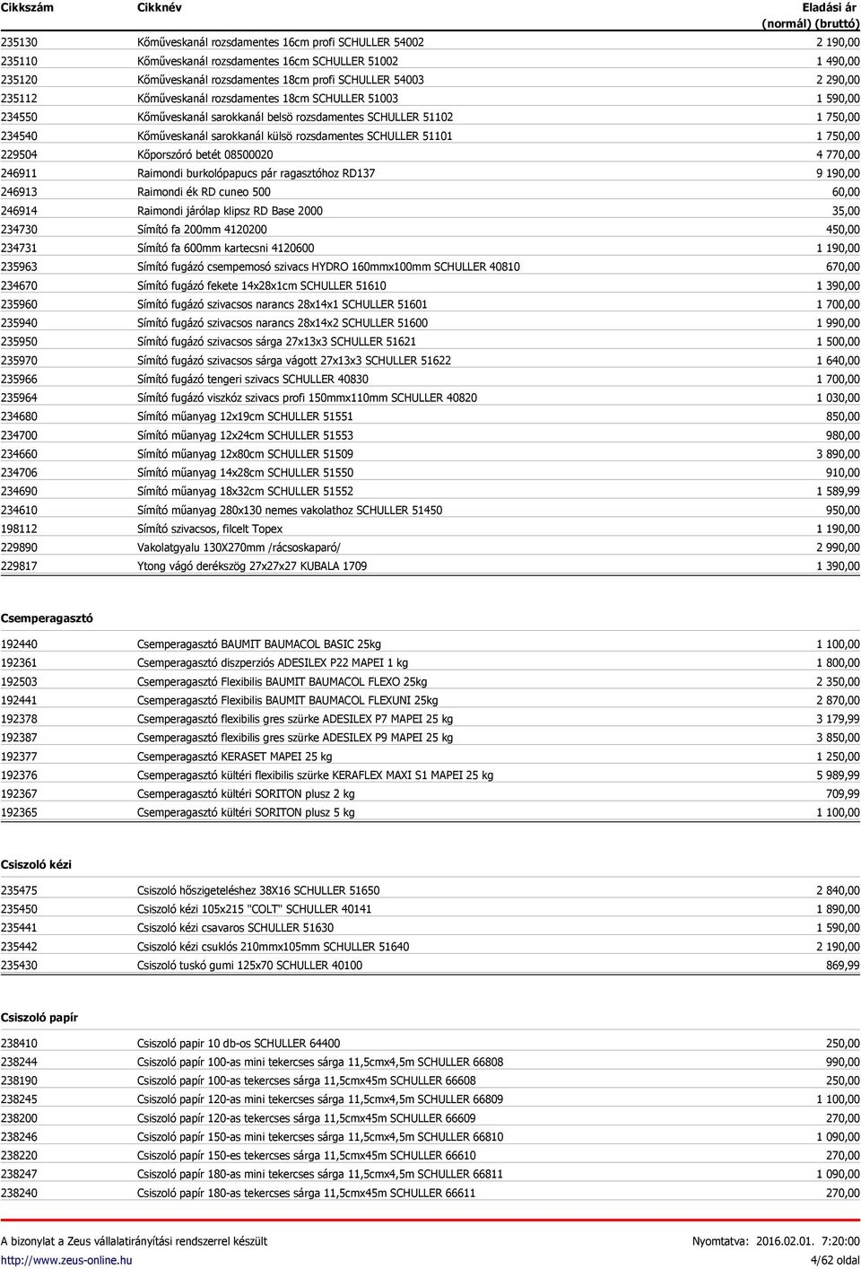 51003 Kőműveskanál sarokkanál belsö rozsdamentes SCHULLER 51102 Kőműveskanál sarokkanál külsö rozsdamentes SCHULLER 51101 Kőporszóró betét 08500020 Raimondi burkolópapucs pár ragasztóhoz RD137