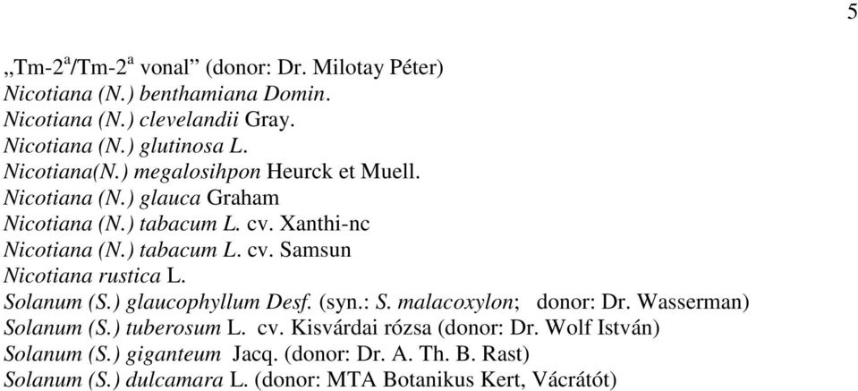 Solanum (S.) glaucophyllum Desf. (syn.: S. malacoxylon; donor: Dr. Wasserman) Solanum (S.) tuberosum L. cv. Kisvárdai rózsa (donor: Dr.