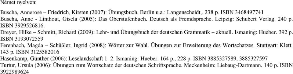 ISBN 3193072559 Ferenbach, Magda Schüßler, Ingrid (2008): Wörter zur Wahl. Übungen zur Erweiterung des Wortschatzes. Stuttgart: Klett. 143 p.