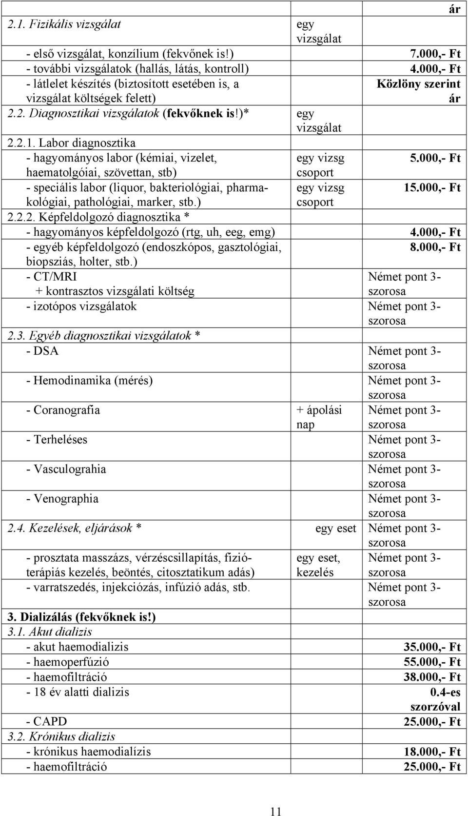 Labor diagnosztika - hagyományos labor (kémiai, vizelet, haematolgóiai, szövettan, stb) egy vizsg 5.000,- Ft csoport - speciális labor (liquor, bakteriológiai, pharmakológiai, egy vizsg 15.