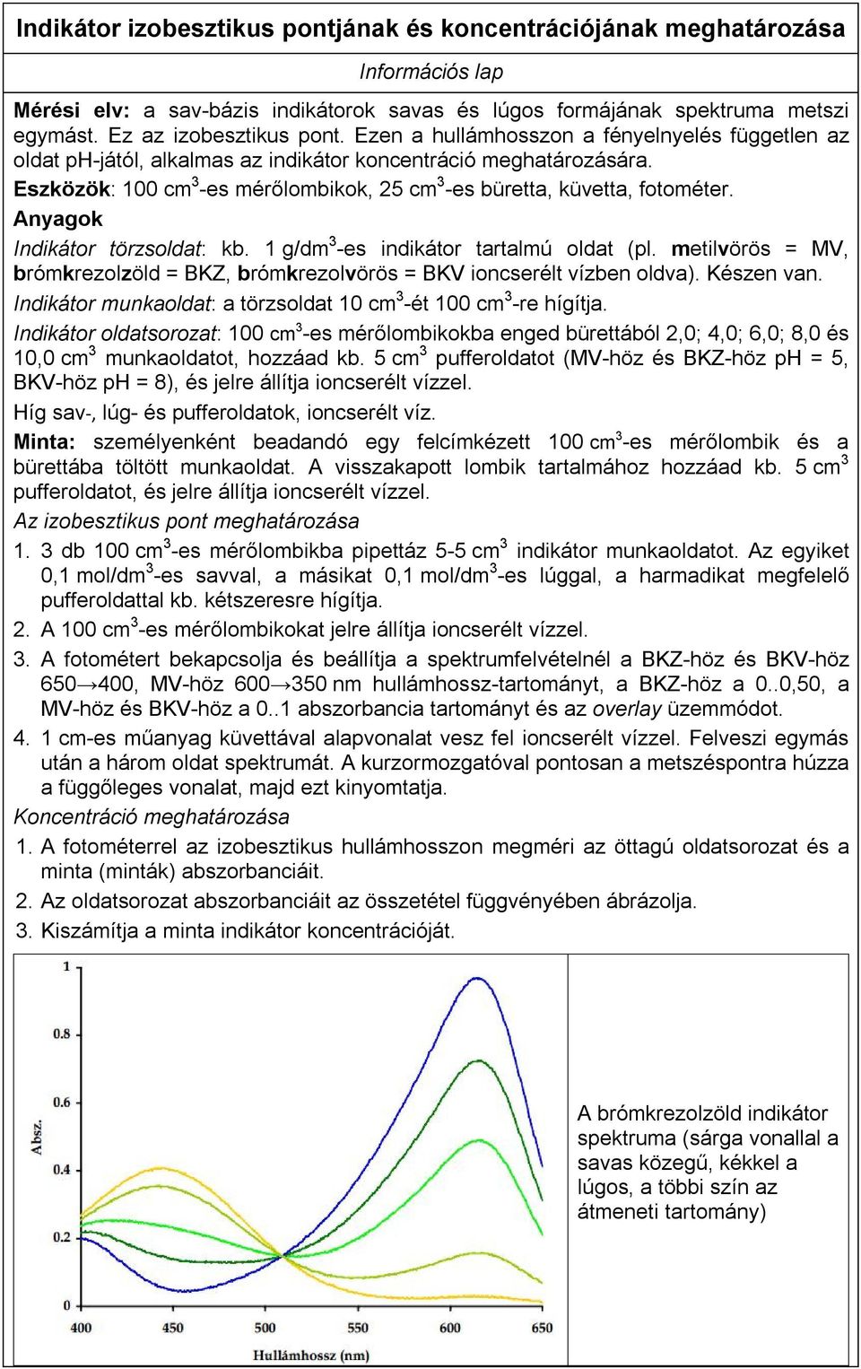 Anyagok Indikátor törzsoldat: kb. 1 g/dm 3 -es indikátor tartalmú oldat (pl. metilvörös = MV, brómkrezolzöld = BKZ, brómkrezolvörös = BKV ioncserélt vízben oldva). Készen van.