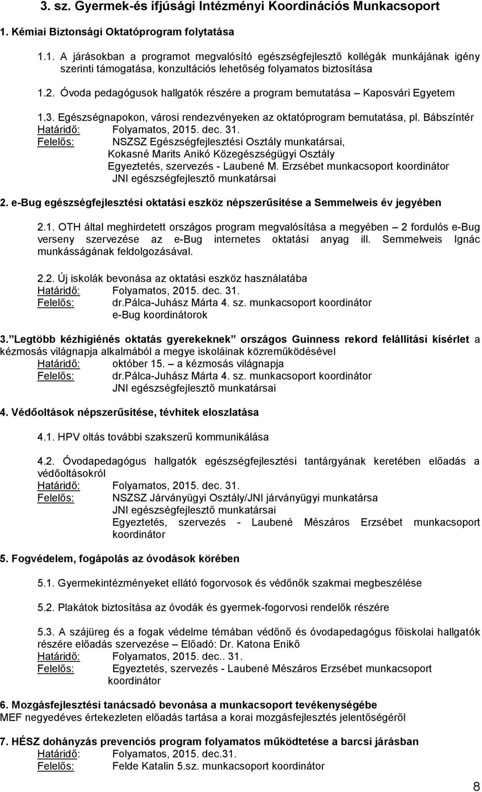 Óvoda pedagógusok hallgatók részére a program bemutatása Kaposvári Egyetem 1.3. Egészségnapokon, városi rendezvényeken az oktatóprogram bemutatása, pl. Bábszíntér Határidő: Folyamatos, 2015. dec. 31.