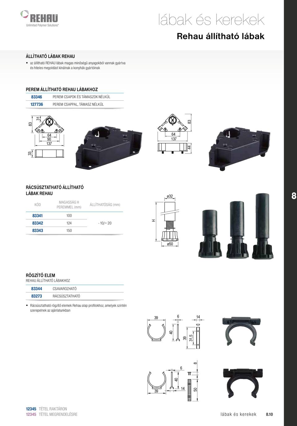 REHAU KÓD MAGASSÁG H PEREMMEL (mm) ÁLLÍTHATÓSÁG (mm) ø 3341 3342 124-10/+ 20 H 3343 150 ø50 RÖGZÍTŐ ELEM REHAU ÁLLÍTHATÓ LÁBAKHOZ 3344 73 CSAVAROZHATÓ RÁCSÚSZTATHATÓ
