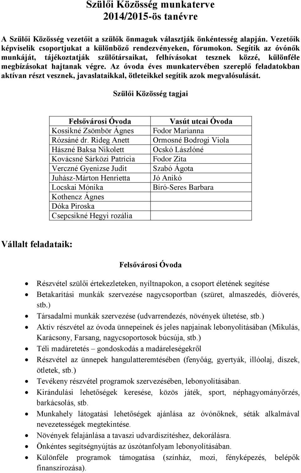 Az óvoda éves munkatervében szereplő feladatokban aktívan részt vesznek, javaslataikkal, ötleteikkel segítik azok megvalósulását.