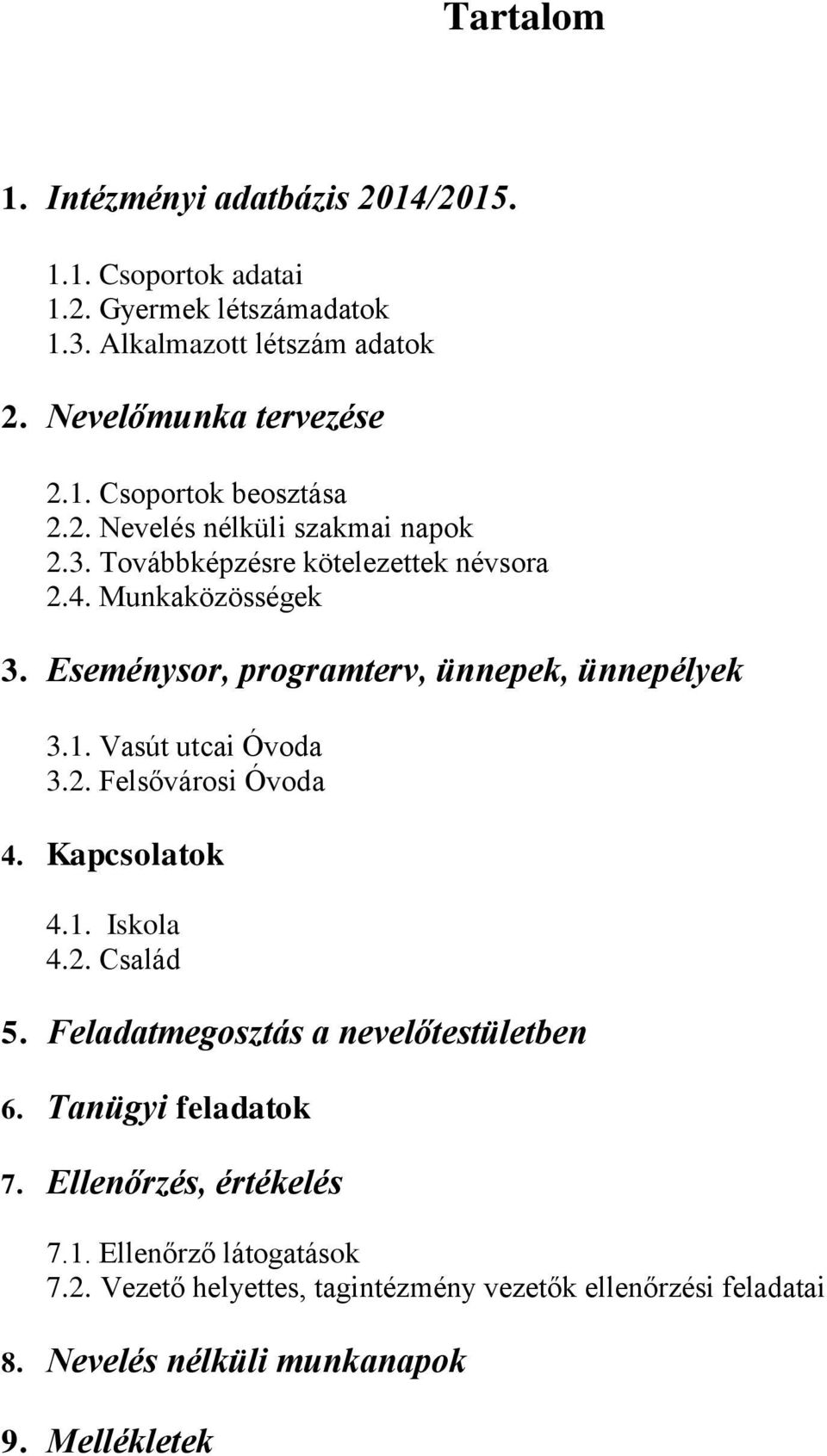 Vasút utcai Óvoda 3.2. Felsővárosi Óvoda 4. Kapcsolatok 4.1. Iskola 4.2. Család 5. Feladatmegosztás a nevelőtestületben 6. Tanügyi feladatok 7.