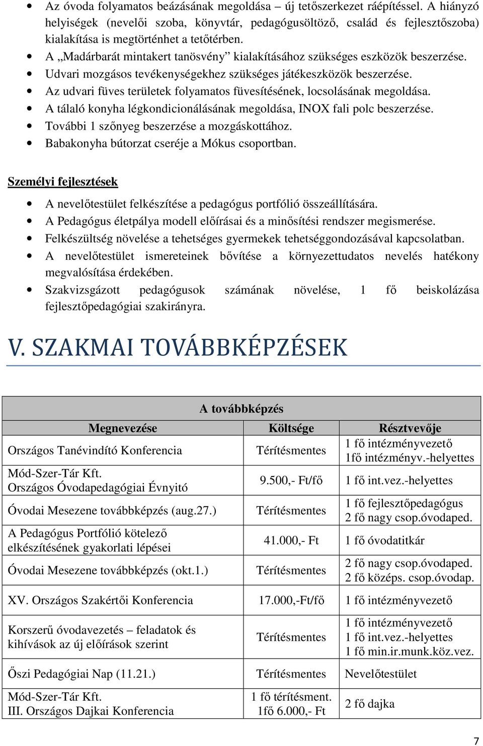 A Madárbarát mintakert tanösvény kialakításához szükséges eszközök beszerzése. Udvari mozgásos tevékenységekhez szükséges játékeszközök beszerzése.