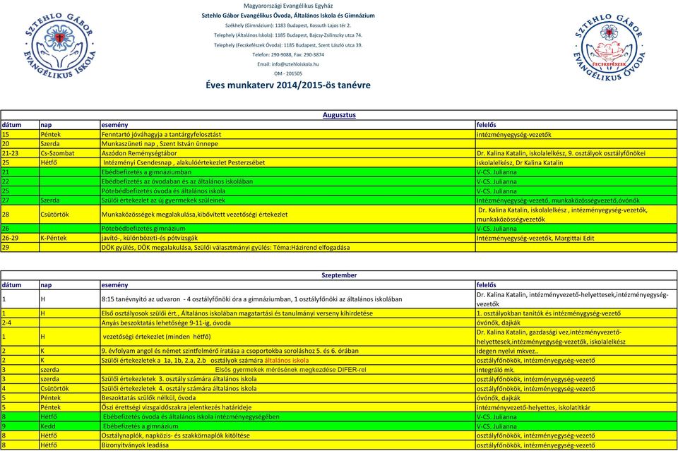 hu OM - 201505 Éves munkaterv 2014/2015-ös tanévre Augusztus 15 Péntek Fenntartó jóváhagyja a tantárgyfelosztást intézményegység-vezetők 20 Szerda Munkaszüneti nap, Szent István ünnepe 21-23