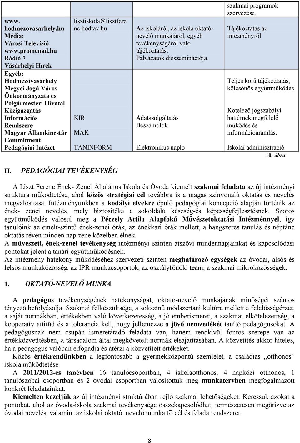 lisztiskola@lisztfere nc.hodtav.hu KIR MÁK TANINFORM Az iskoláról, az iskola oktatónevelő munkájáról, egyéb tevékenységéről való tájékoztatás. Pályázatok disszeminációja.