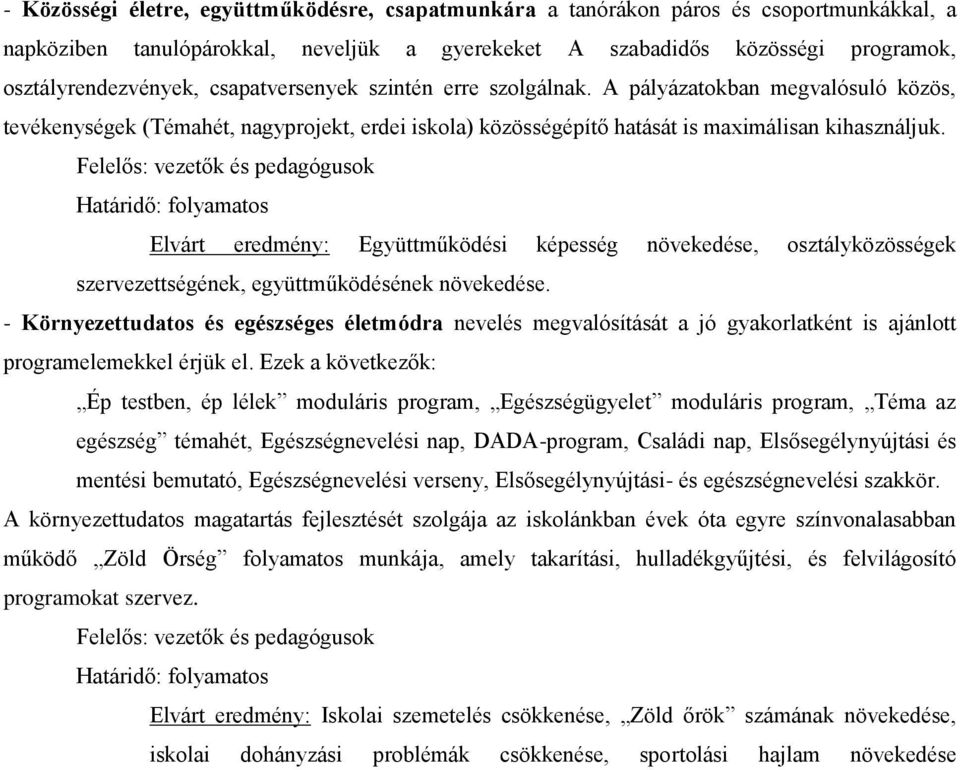 Felelős: vezetők és pedagógusok Határidő: folyamatos Elvárt eredmény: Együttműködési képesség növekedése, osztályközösségek szervezettségének, együttműködésének növekedése.