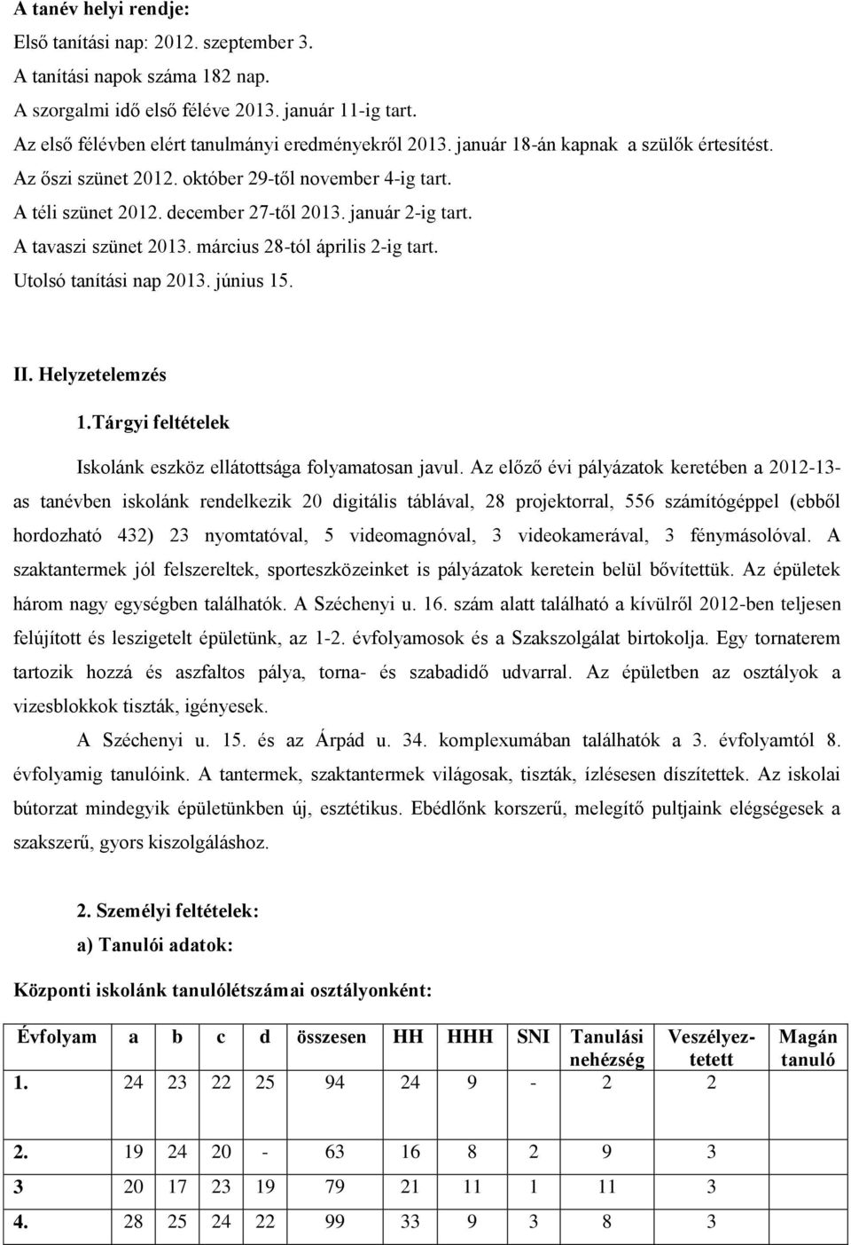 március 28-tól április 2-ig tart. Utolsó tanítási nap 2013. június 15. 2. Személyi feltételek: a) Tanulói adatok: Központi iskolánk tanulólétszámai osztályonként: II. Helyzetelemzés 1.