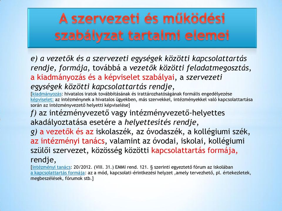 való kapcsolattartása során az intézményvezető helyetti képviselése] f) az intézményvezető vagy intézményvezető-helyettes akadályoztatása esetére a helyettesítés rendje, g) a vezetők és az