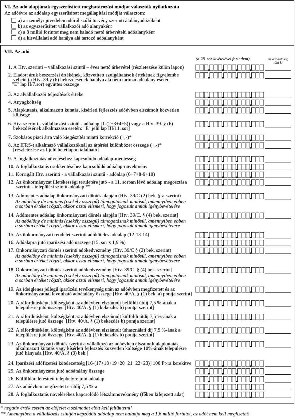 VII. Az adó 1. A Htv. szerinti vállalkozási szintű éves nettó árbevétel (részletezése külön lapon) 2. Eladott áruk beszerzési értékének, közvetített szolgáltatások értékének figyelembe vehető (a Htv.