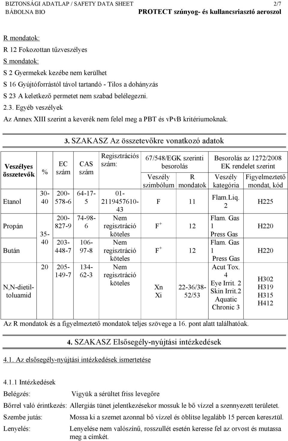 SZAKASZ Az összetevőkre vonatkozó adatok Veszélyes összetevők % Etanol Propán Bután N,N-dietiltoluamid 30-40 EC szám 200-578-6 01-2119457610- 43 Nem regisztráció 200-827-9 35-40 203-448-7 20