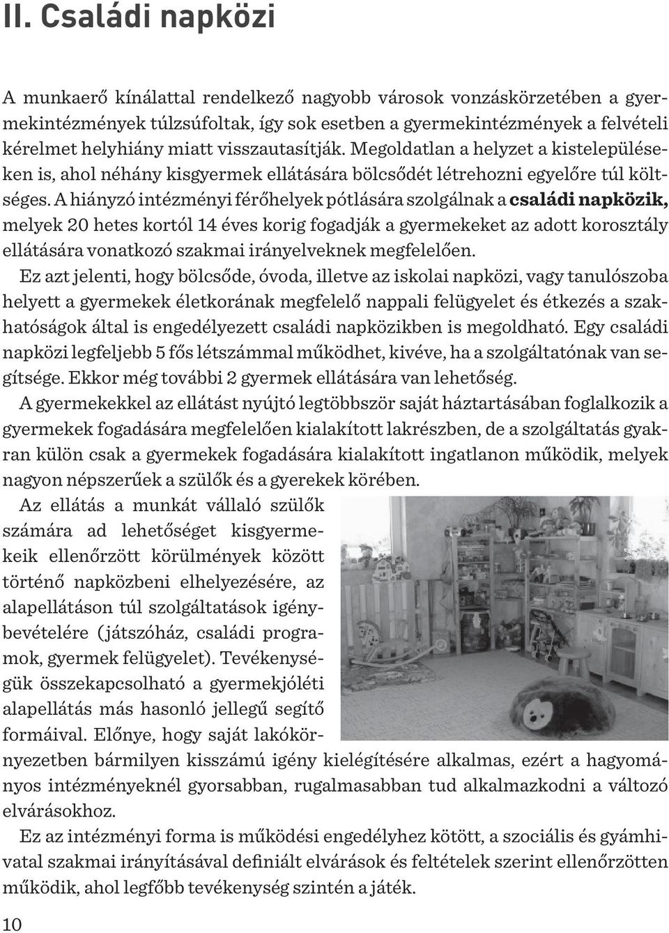 A hiányzó intézményi férőhelyek pótlására szolgálnak a családi napközik, melyek 20 hetes kortól 14 éves korig fogadják a gyermekeket az adott korosztály ellátására vonatkozó szakmai irányelveknek